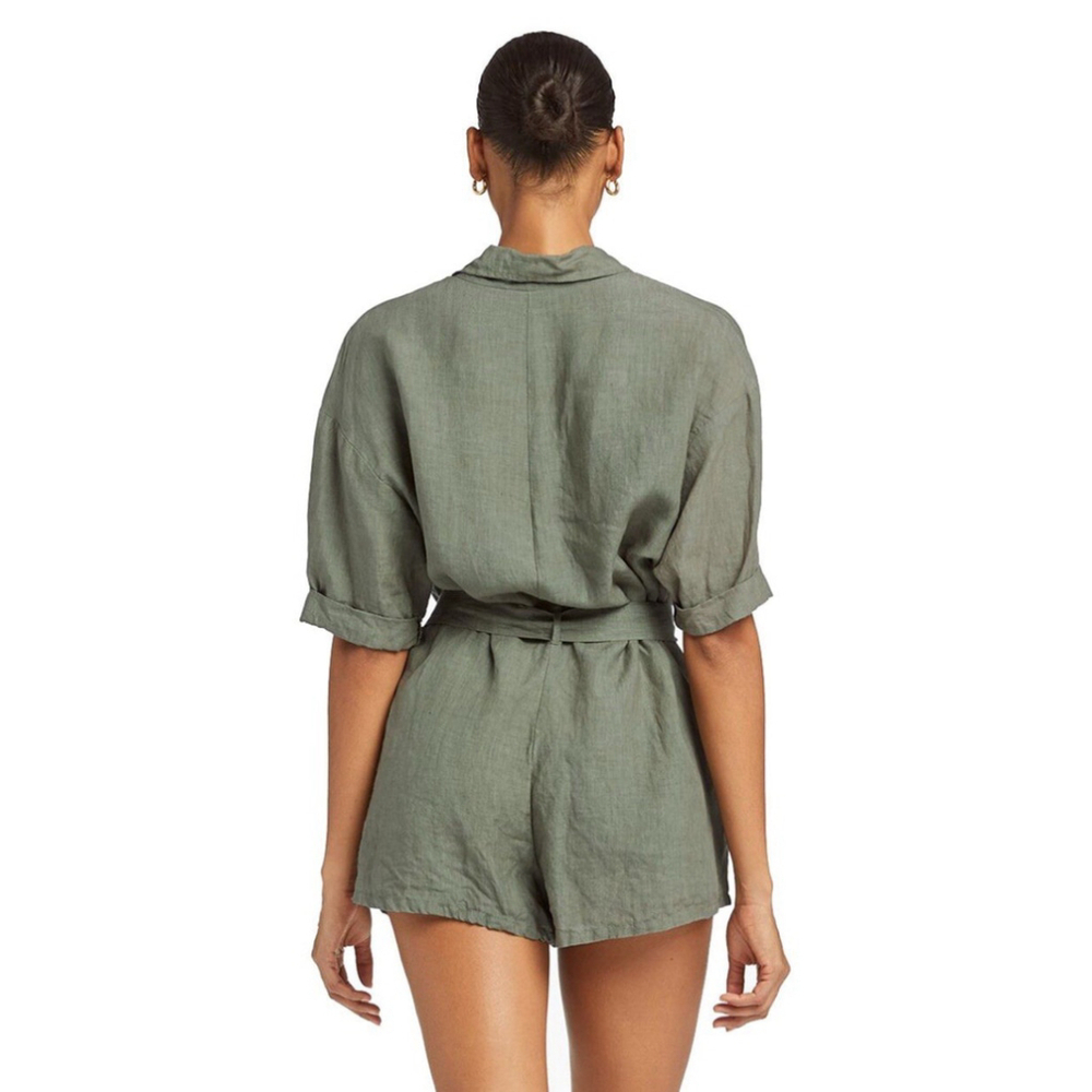 VITAMIN A Green Linen Playa Romper Size Medium Beach Coverup Belted NWOT Coastal - Picture 3 of 7